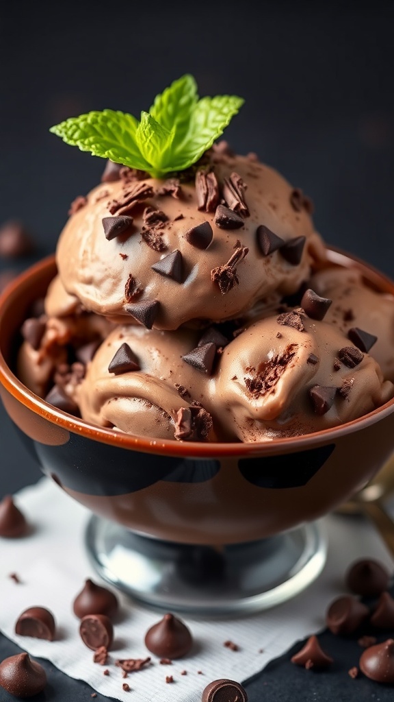 Homemade Chocolate Ice Cream Recipe A bowl of chocolate ice cream with chocolate shavings and mint on a dark background.